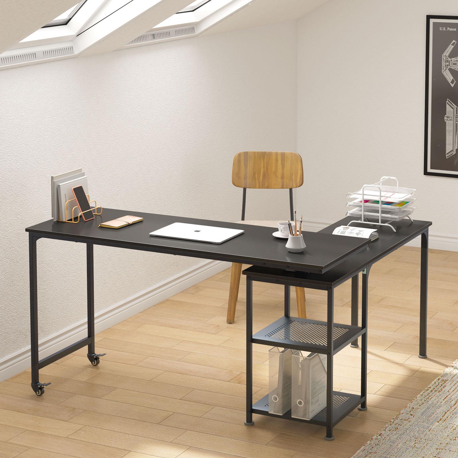55 inch Reversible L Shaped Desk, 360° Free Rotating Corner Computer Desk with Storage Shelves,Black