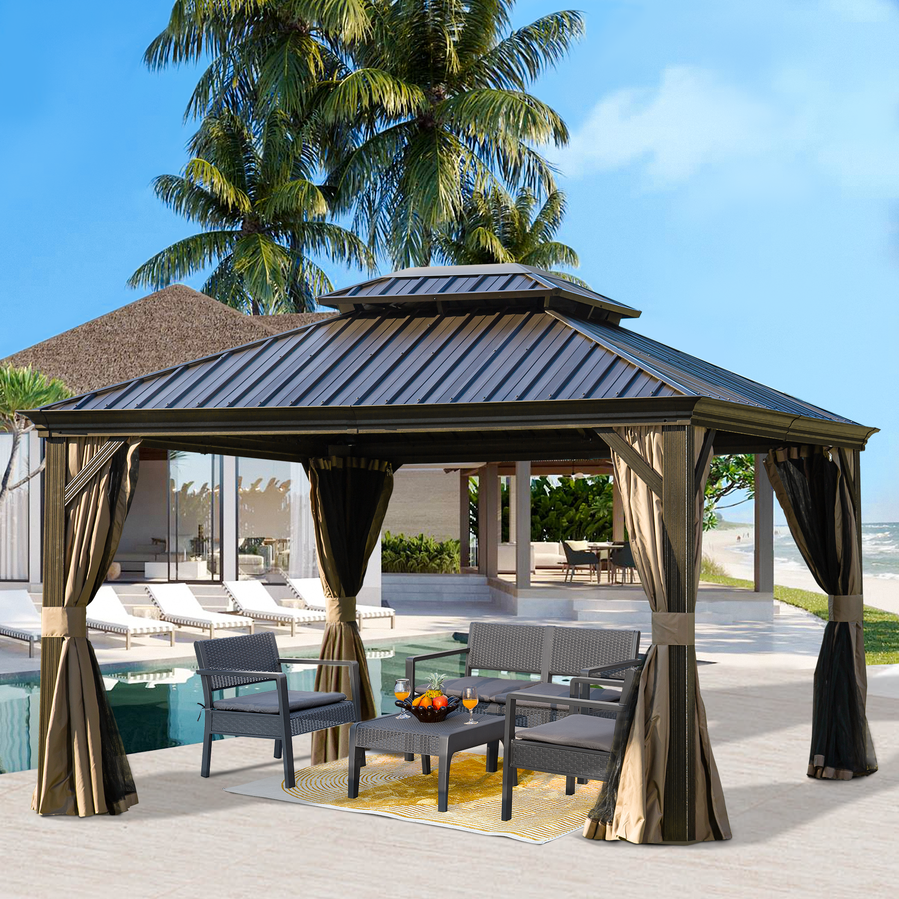 Domi Hardtop Gazebo Outdoor Aluminum Roof Canopy With Mosquito Netting and Curtains