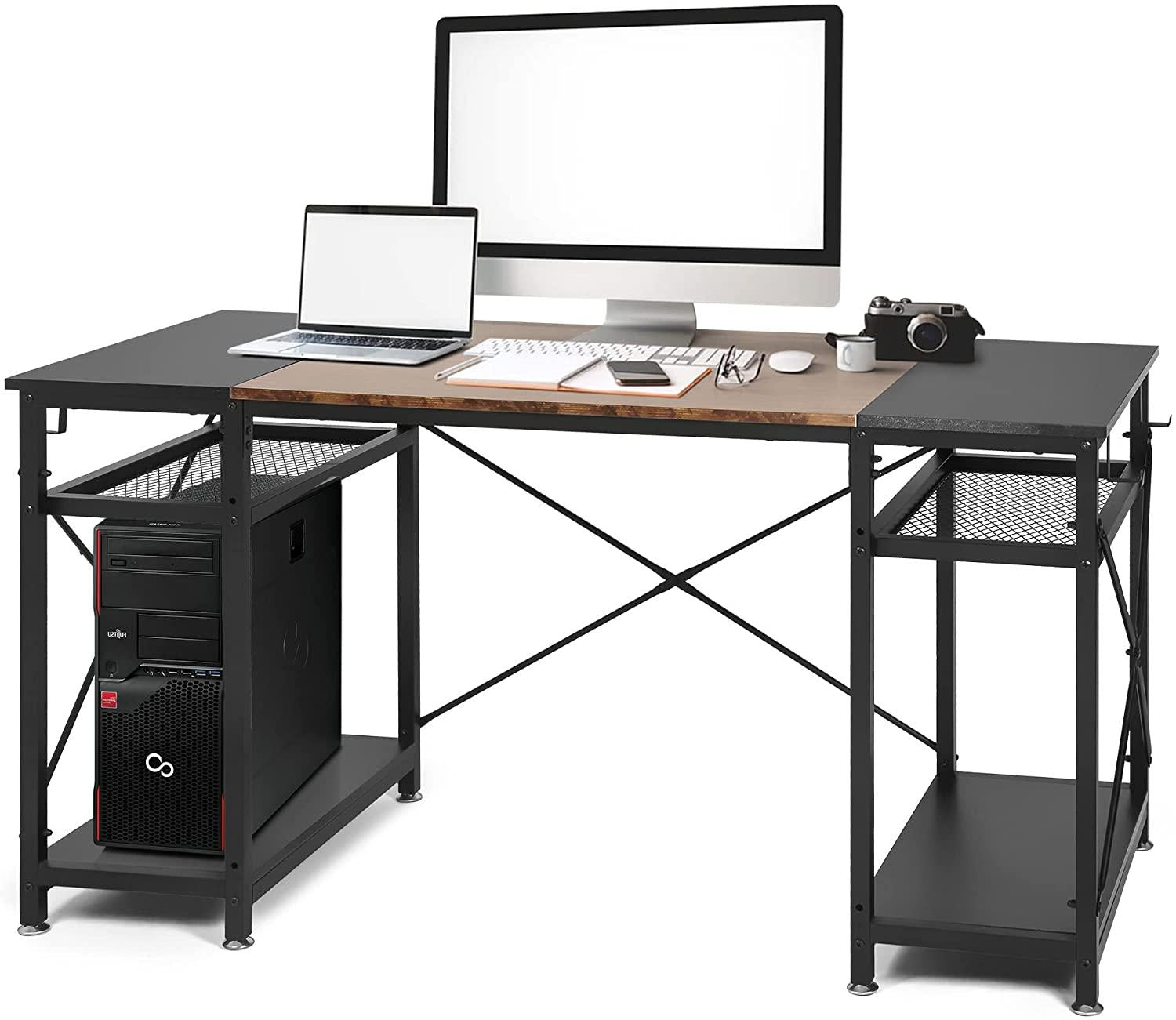 47.2" Computer Desk w/ 4 Storage Shelves & 4 Hooks, Large Desk Study Writing Table, Home Office Desk