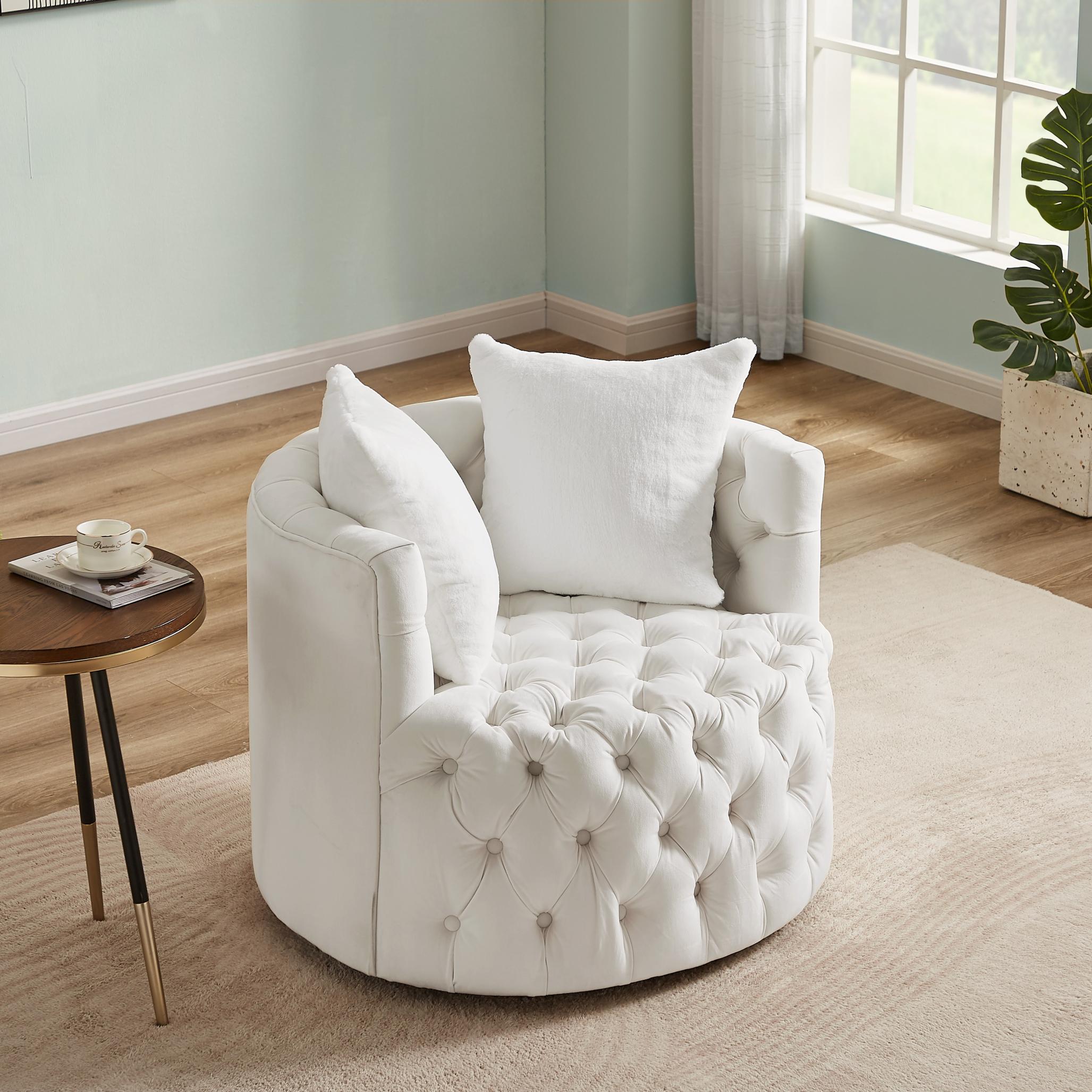 Modern Swivel Barrel Chair with 360° Swivel Base and 2 Pillows, Velvet Fabric Shell Chair Back, Suitable for All Environments