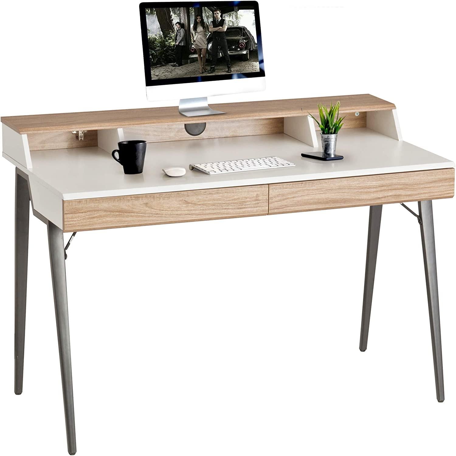 47" Computer Desk White Wood Small Writing Table with Monitor,  Drawers & Storage  Study