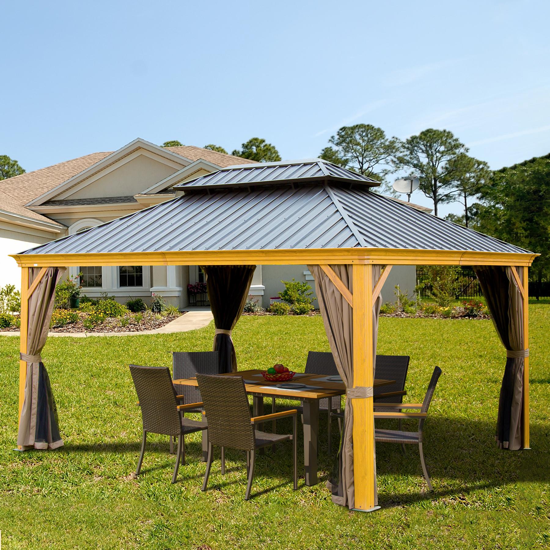 Domi Hardtop Gazebo Outdoor Aluminum Roof Canopy With Mosquito Netting and Curtains