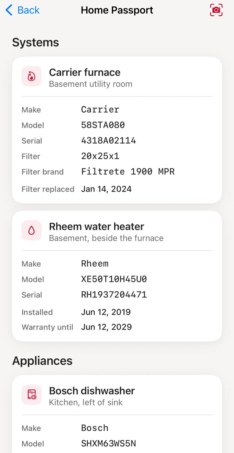 The Home Passport, showing a Carrier furnace with its model, serial number and filter size