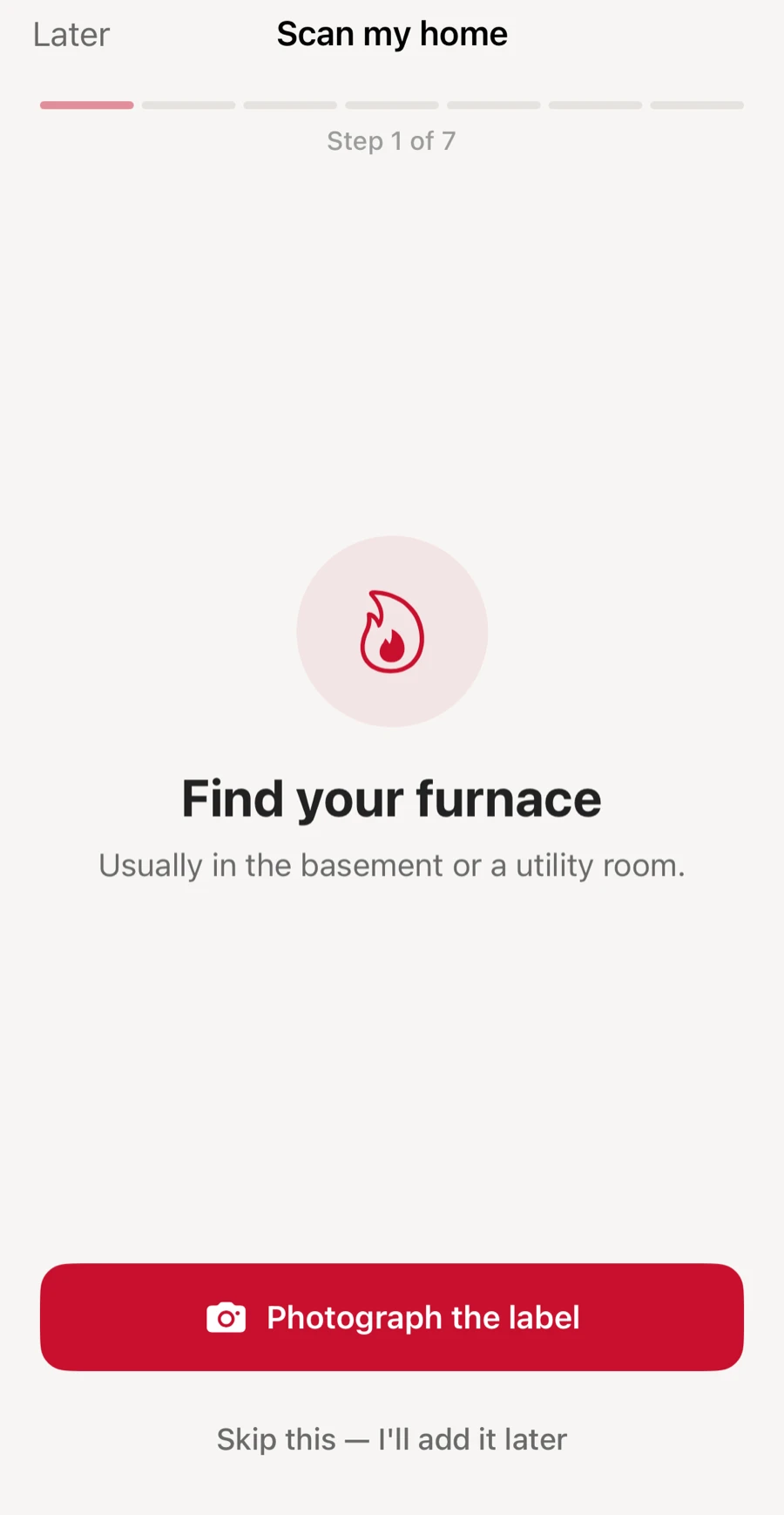 The Scan my home flow asking you to find your furnace and photograph its label